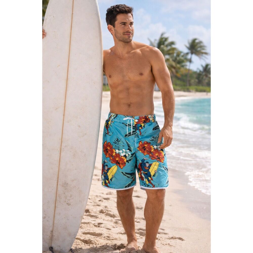 Superman Surf/Board Shorts Men L DC Comics Tropical Swim Trunks Beach Swimwear 8